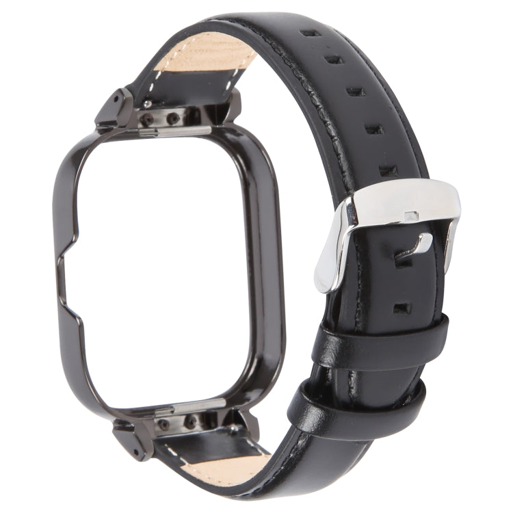 For Redmi Watch 4 Metal Black Frame Genuine Leather Watch Band(Black)