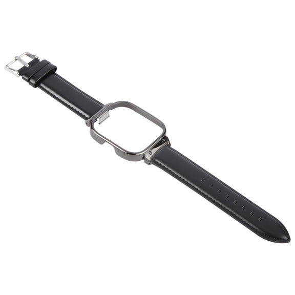 For Redmi Watch 4 Metal Black Frame Genuine Leather Watch Band(Black)