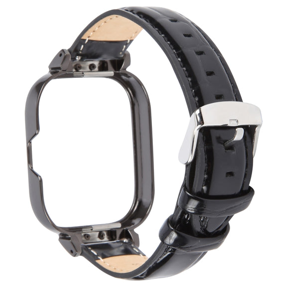 For Redmi Watch 4 Metal Black Frame Genuine Leather Watch Band(Bamboo Black)