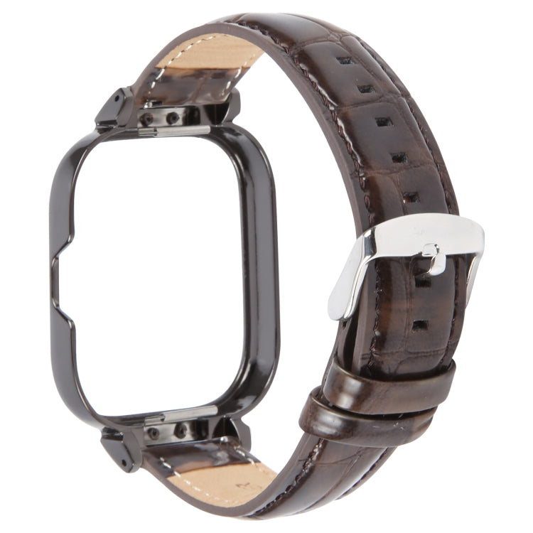For Redmi Watch 4 Metal Black Frame Genuine Leather Watch Band(Bamboo Brown)
