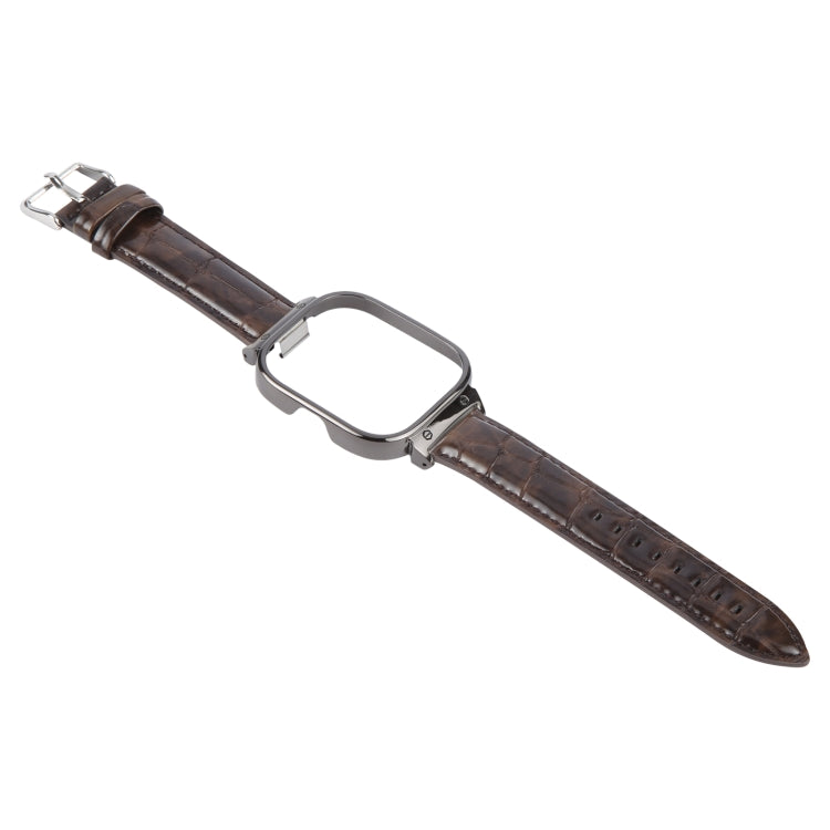 For Redmi Watch 4 Metal Black Frame Genuine Leather Watch Band(Bamboo Brown)