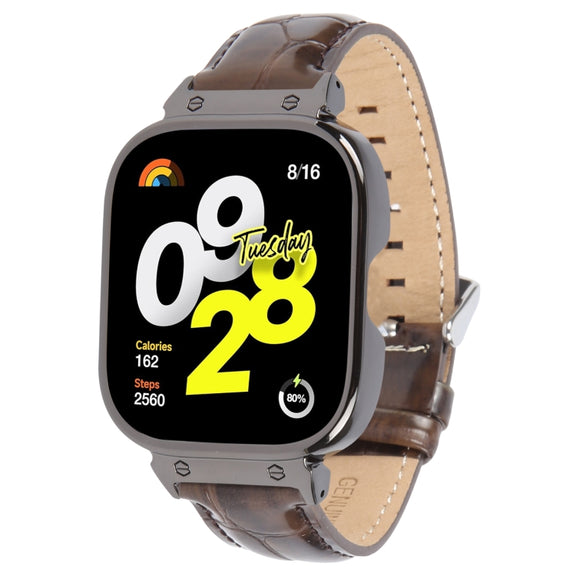 For Redmi Watch 4 Metal Black Frame Genuine Leather Watch Band(Bamboo Brown)