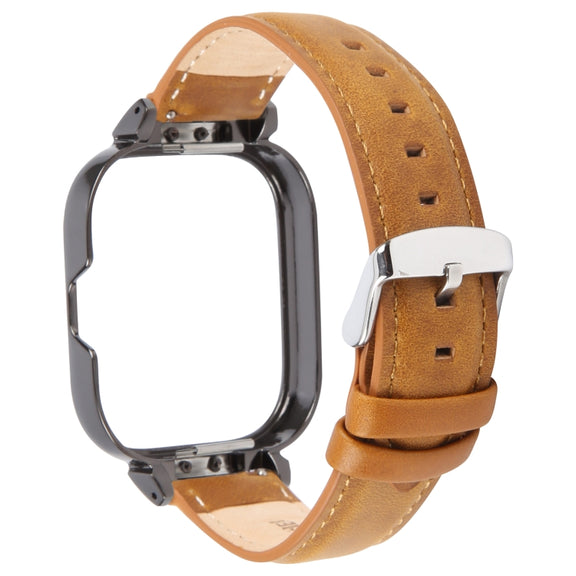 For Redmi Watch 4 Metal Black Frame Genuine Leather Watch Band(Light Brown)