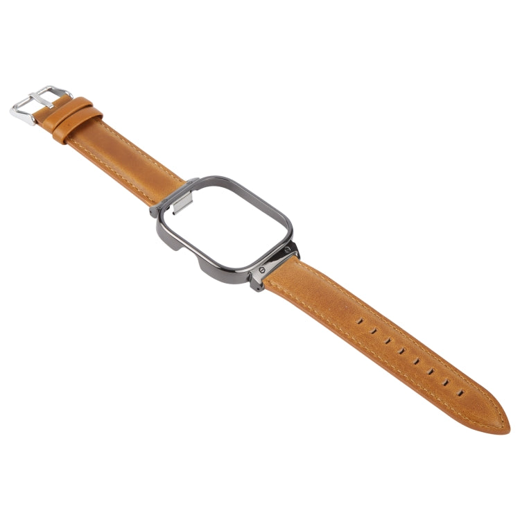 For Redmi Watch 4 Metal Black Frame Genuine Leather Watch Band(Light Brown)