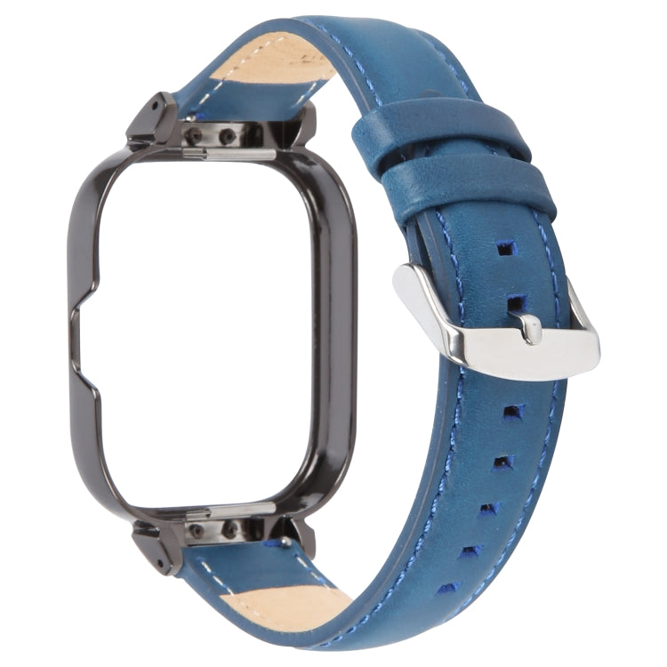 For Redmi Watch 4 Metal Black Frame Genuine Leather Watch Band(Blue)