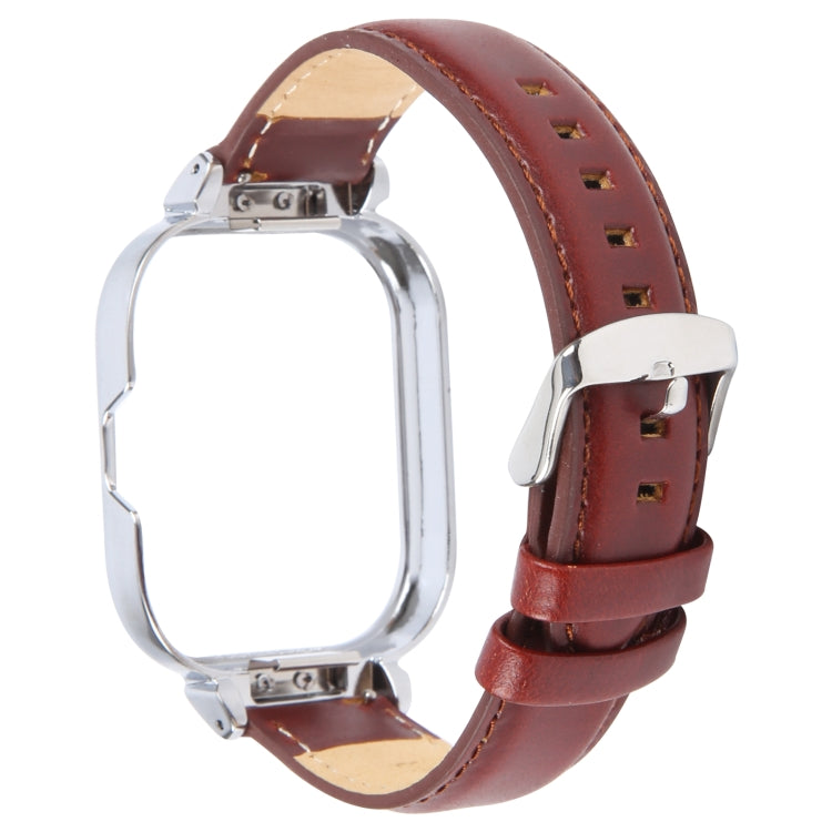 For Redmi Watch 4 Metal Silver Frame Genuine Leather Watch Band(Wine Red)