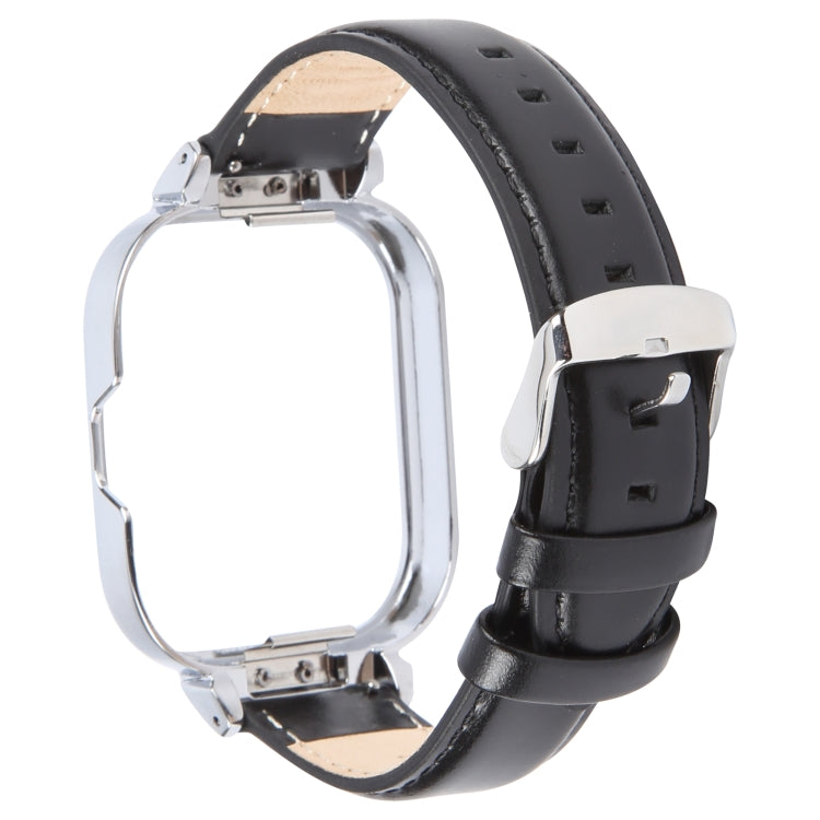 For Redmi Watch 4 Metal Silver Frame Genuine Leather Watch Band(Black)