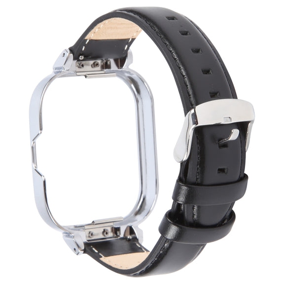 For Redmi Watch 4 Metal Silver Frame Genuine Leather Watch Band(Black)