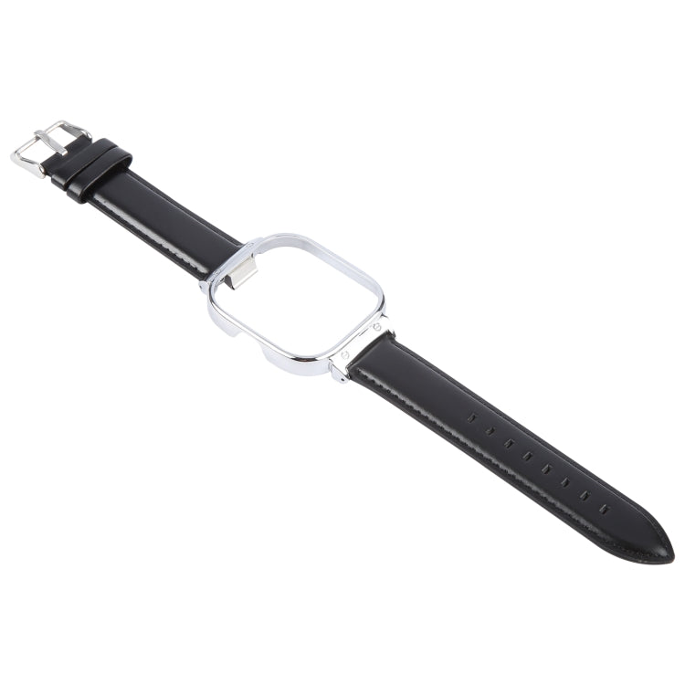 For Redmi Watch 4 Metal Silver Frame Genuine Leather Watch Band(Black)