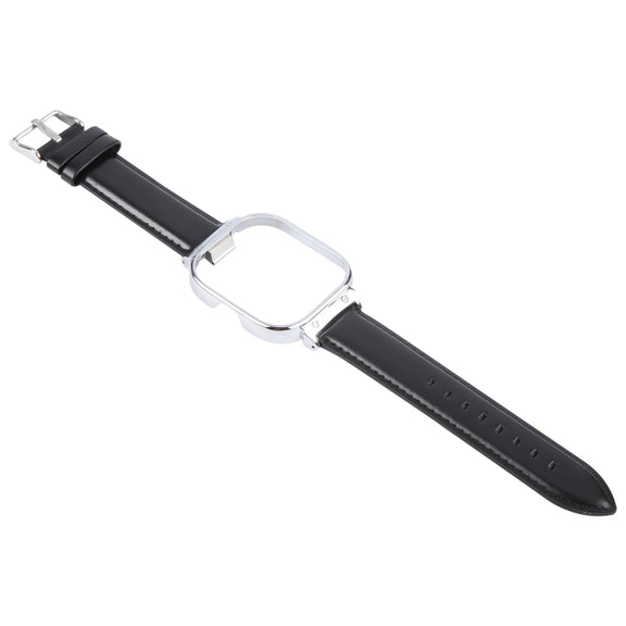 For Redmi Watch 4 Metal Silver Frame Genuine Leather Watch Band(Black)