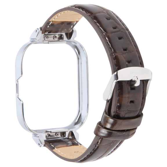 For Redmi Watch 4 Metal Silver Frame Genuine Leather Watch Band(Bamboo Brown)