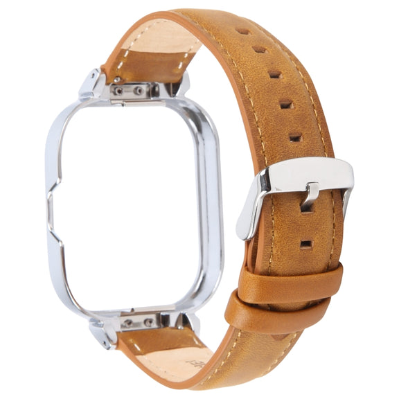 For Redmi Watch 4 Metal Silver Frame Genuine Leather Watch Band(Light Brown)