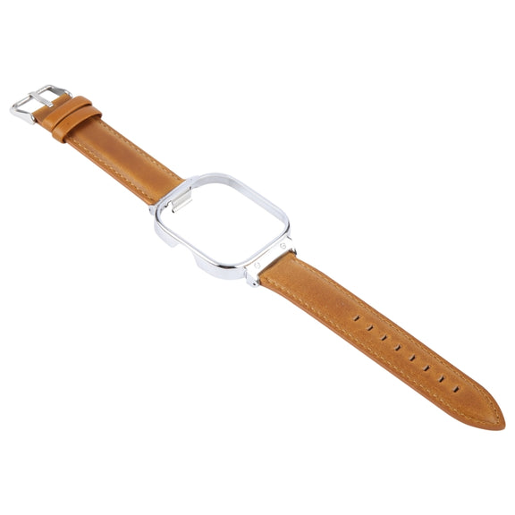 For Redmi Watch 4 Metal Silver Frame Genuine Leather Watch Band(Light Brown)