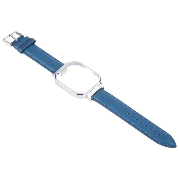 For Redmi Watch 4 Metal Silver Frame Genuine Leather Watch Band(Blue)