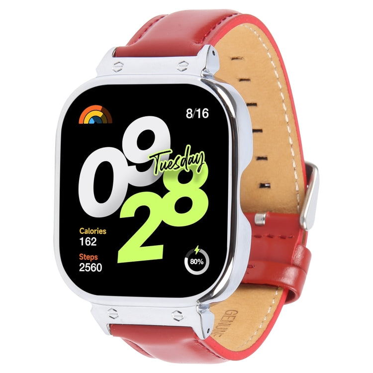 For Redmi Watch 4 Metal Silver Frame Genuine Leather Watch Band(Red)