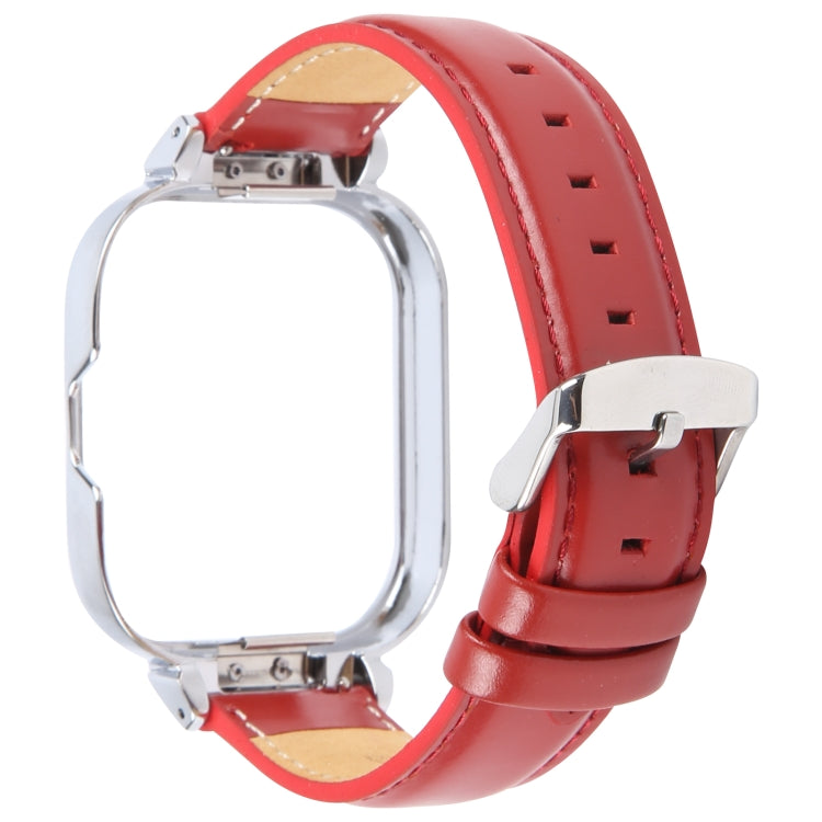 For Redmi Watch 4 Metal Silver Frame Genuine Leather Watch Band(Red)