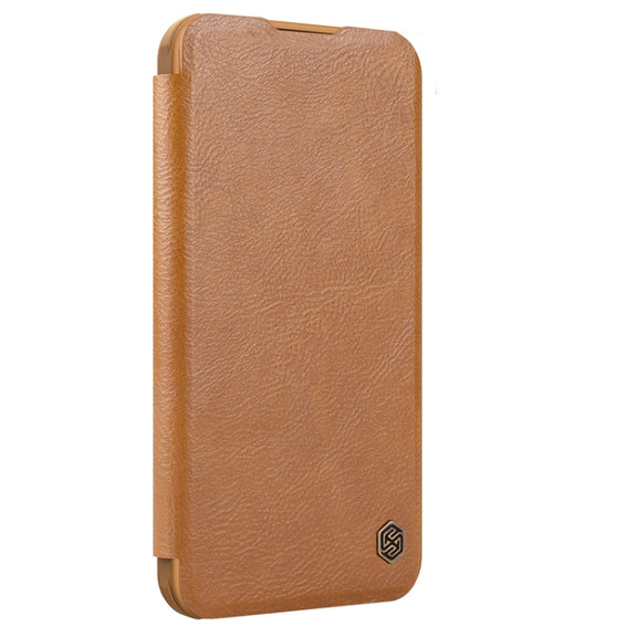 For iPhone 16 NILLKIN Qin Prop Series Flip Camera Cover Design Leather Phone Case(Brown)