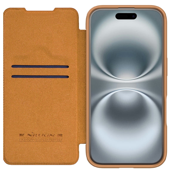For iPhone 16 NILLKIN Qin Prop Series Flip Camera Cover Design Leather Phone Case(Brown)