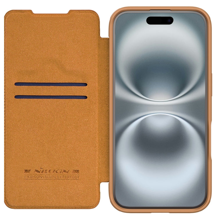 For iPhone 16 NILLKIN Qin Prop Series Flip Camera Cover Design Leather Phone Case(Brown)