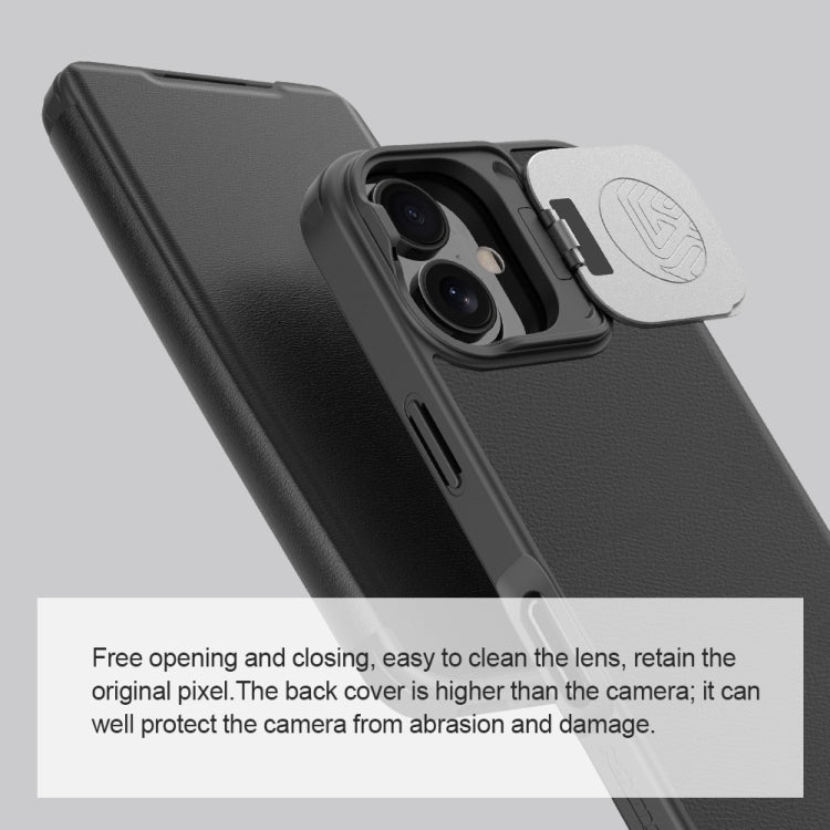 For iPhone 16 NILLKIN Qin Prop Series Flip Camera Cover Design Leather Phone Case(Black)
