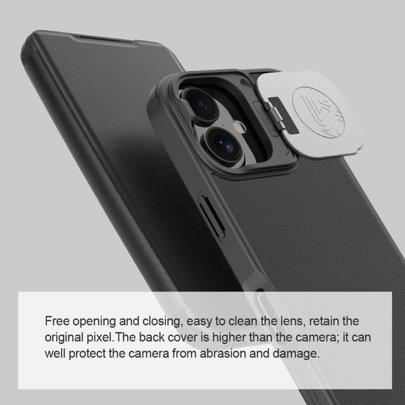 For iPhone 16 NILLKIN Qin Prop Series Flip Camera Cover Design Leather Phone Case(Plain Leather Black)