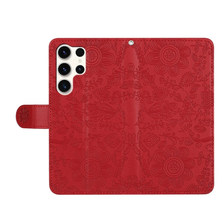 For Samsung Galaxy S25 Ultra 5G Floral Embossed Pattern Leather Phone Case(Red)