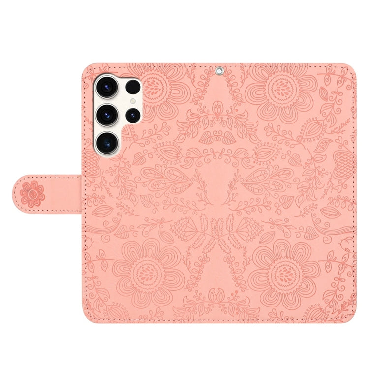 For Samsung Galaxy S25 Ultra 5G Floral Embossed Pattern Leather Phone Case(Pink)