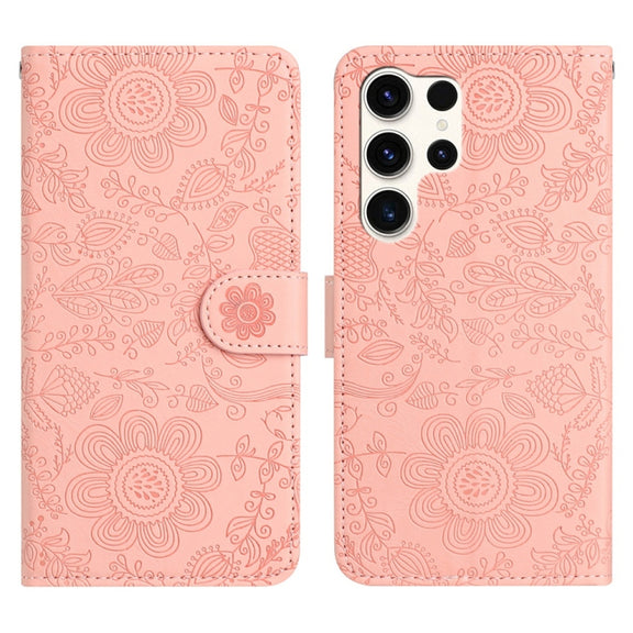 For Samsung Galaxy S25 Ultra 5G Floral Embossed Pattern Leather Phone Case(Pink)