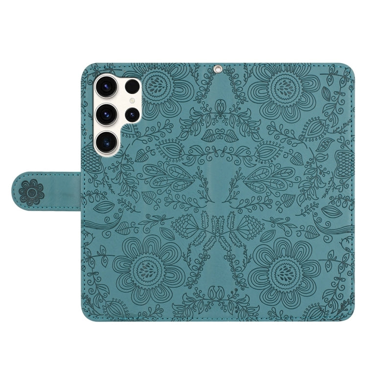 For Samsung Galaxy S25 Ultra 5G Floral Embossed Pattern Leather Phone Case(Dark Green)