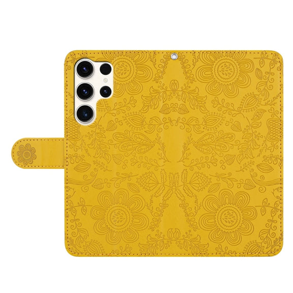 For Samsung Galaxy S25 Ultra 5G Floral Embossed Pattern Leather Phone Case(Yellow)