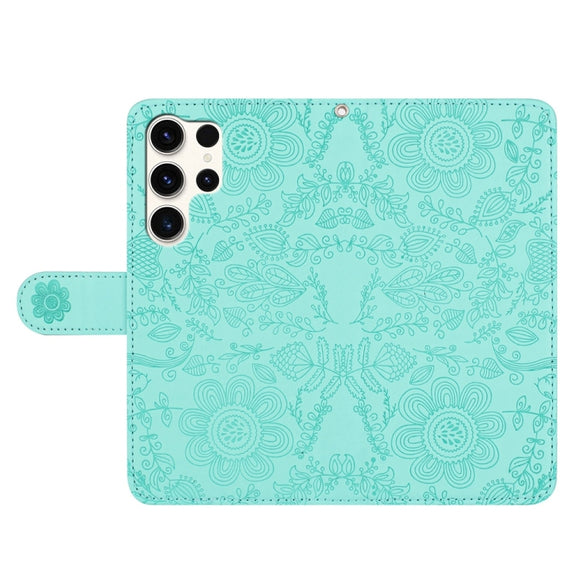 For Samsung Galaxy S25 Ultra 5G Floral Embossed Pattern Leather Phone Case(Light Green)