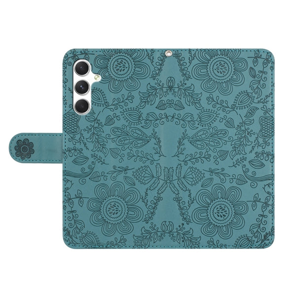 For Samsung Galaxy S25+ 5G Floral Embossed Pattern Leather Phone Case(Dark Green)