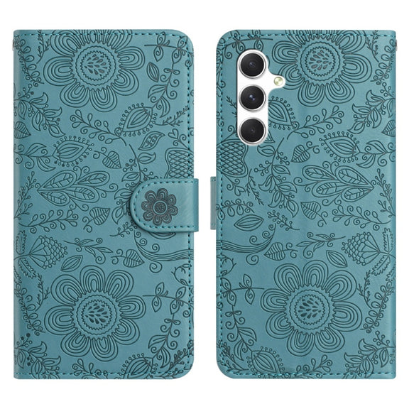 For Samsung Galaxy S25+ 5G Floral Embossed Pattern Leather Phone Case(Dark Green)