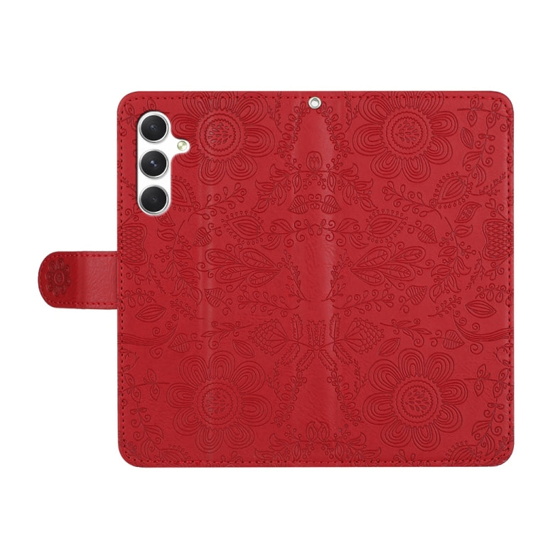 For Samsung Galaxy S25 5G Floral Embossed Pattern Leather Phone Case(Red)