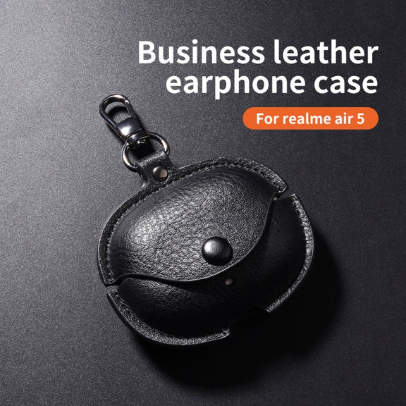 For Realme Buds Air 5 Pro Leather Earphone Protective Case with Hook(Black)