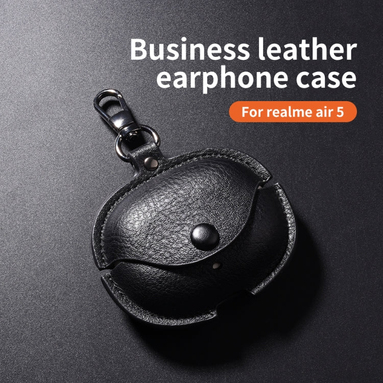 For Realme Buds Air 5 Pro Leather Earphone Protective Case with Hook(Black)