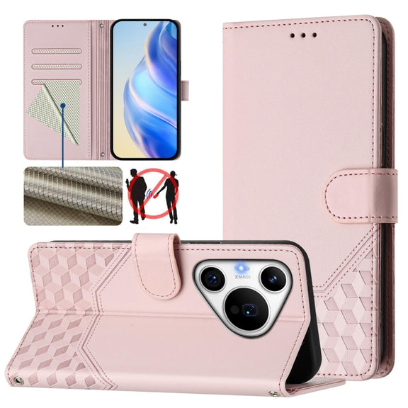 For Huawei Pura 70 Pro / Pura 70 Pro+ Honeycomb Embossing RFID Leather Phone Case(Pink)