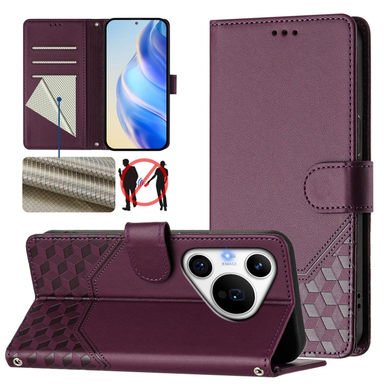 For Huawei Pura 70 Pro / Pura 70 Pro+ Honeycomb Embossing RFID Leather Phone Case(Violet)