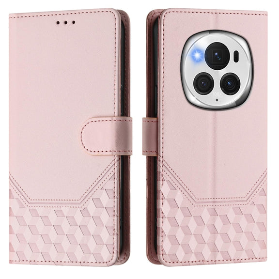 For Honor Magic6 Pro 5G Honeycomb Embossing RFID Leather Phone Case(Pink)