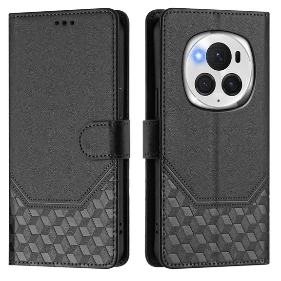 For Honor Magic6 Pro 5G Honeycomb Embossing RFID Leather Phone Case(Black)