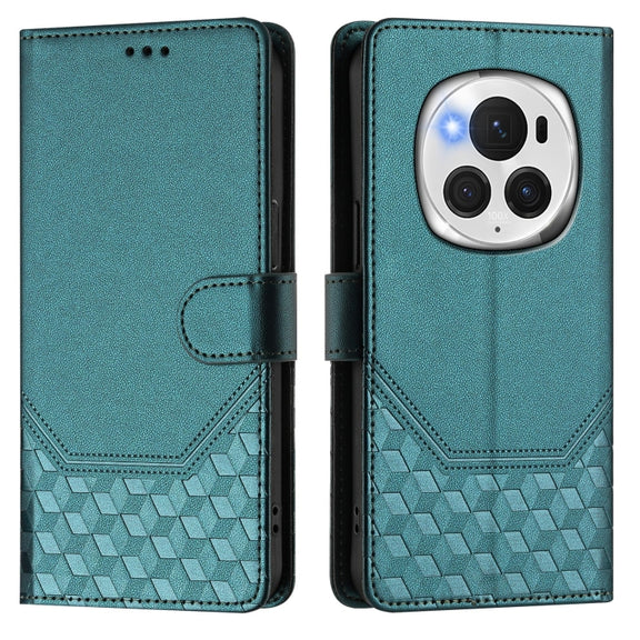 For Honor Magic6 Pro 5G Honeycomb Embossing RFID Leather Phone Case(Peacock Green)