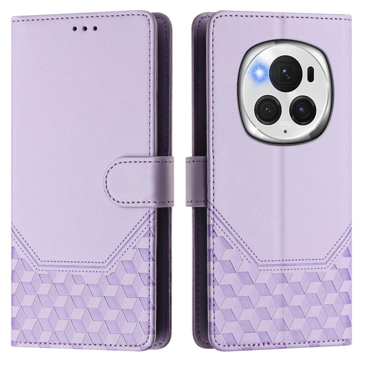 For Honor Magic6 Pro 5G Honeycomb Embossing RFID Leather Phone Case(Light Purple)