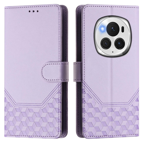 For Honor Magic6 Pro 5G Honeycomb Embossing RFID Leather Phone Case(Light Purple)
