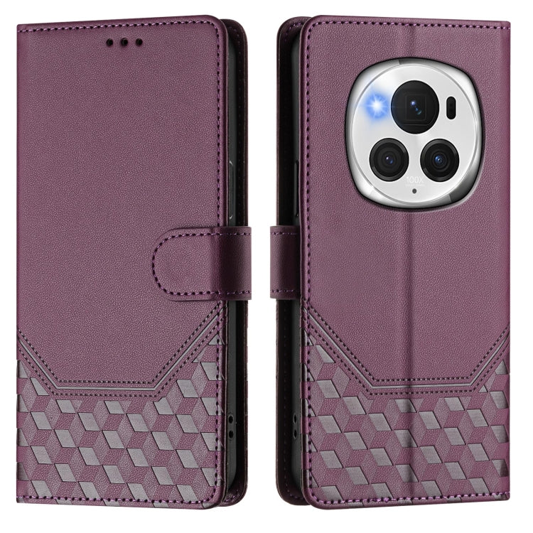 For Honor Magic6 Pro 5G Honeycomb Embossing RFID Leather Phone Case(Violet)