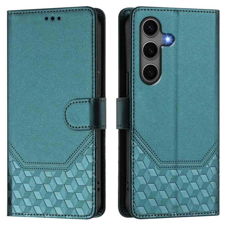 For Samsung Galaxy S25 5G Honeycomb Embossing RFID Leather Phone Case(Peacock Green)