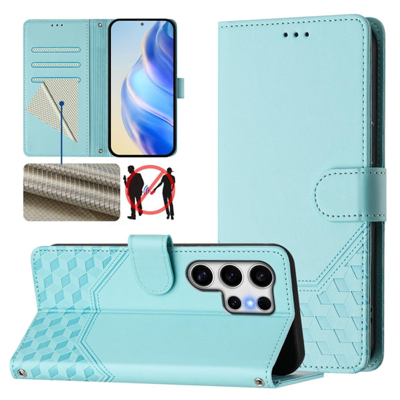 For Samsung Galaxy S25 Ultra 5G Honeycomb Embossing RFID Leather Phone Case(Mint Green)