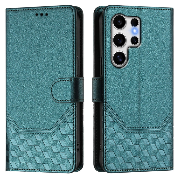 For Samsung Galaxy S25 Ultra 5G Honeycomb Embossing RFID Leather Phone Case(Peacock Green)