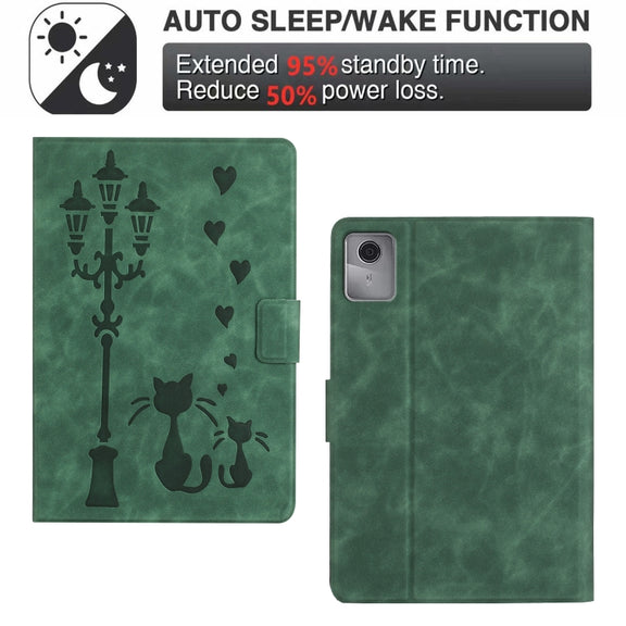 For Lenovo Tab M11 / Xiaoxin Pad 2024 Embossed Couple Cat Smart Tablet Leather Case(Green)
