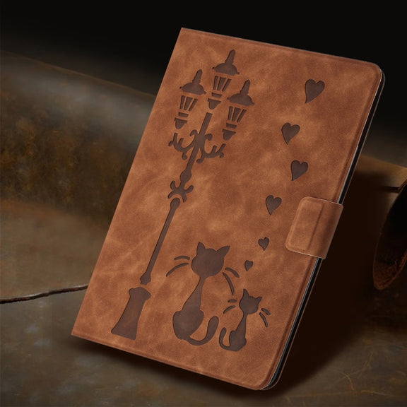 For Lenovo Tab M11 / Xiaoxin Pad 2024 Embossed Couple Cat Smart Tablet Leather Case(Brown)