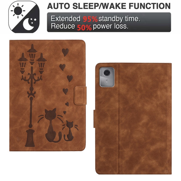 For Lenovo Tab M11 / Xiaoxin Pad 2024 Embossed Couple Cat Smart Tablet Leather Case(Brown)
